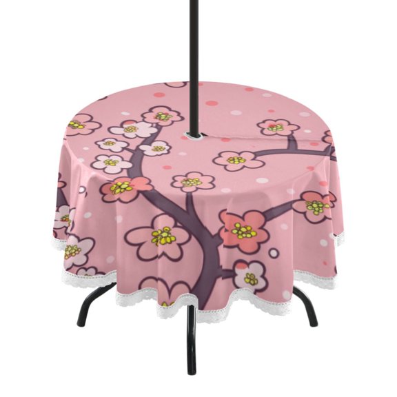 Round Tablecloth 60*60 Inches Round Tablecloth Outdoor Style Tablecloth With Umbrella Holes Tablecloth Outdoor Suitable For Kitchens and Dining Rooms Cartoon Plum Blossom