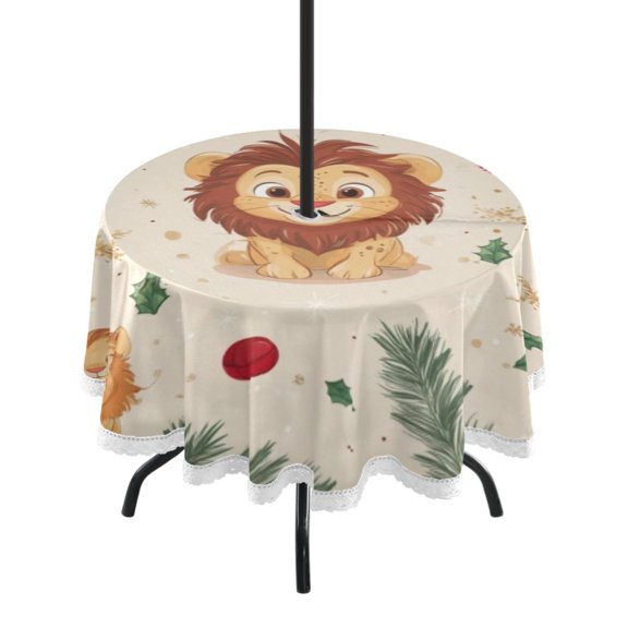 Round Tablecloth 60*60 Inches Round Tablecloth Outdoor Style Tablecloth With Umbrella Holes Tablecloth Outdoor Suitable For Kitchens and Dining Rooms Christmas Cartoon Lion