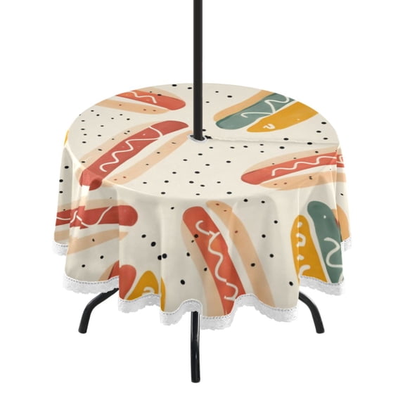 Round Tablecloth 60*60 Inches Round Tablecloth Outdoor Style Tablecloth With Umbrella Holes Tablecloth Outdoor Suitable For Kitchens and Dining Rooms Colored Hot Dog