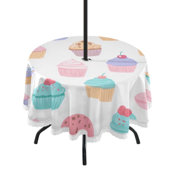 Round Tablecloth 60*60 Inches Round Tablecloth Outdoor Style Tablecloth With Umbrella Holes Tablecloth Outdoor Suitable For Kitchens and Dining Rooms Cupcake Pattern Pastel