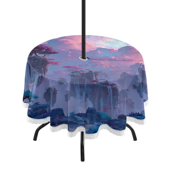 Round Tablecloth 60*60 Inches Round Tablecloth Outdoor Style Tablecloth With Umbrella Holes Tablecloth Outdoor Suitable For Kitchens and Dining Rooms Fantasy Floating Island Waterfalls