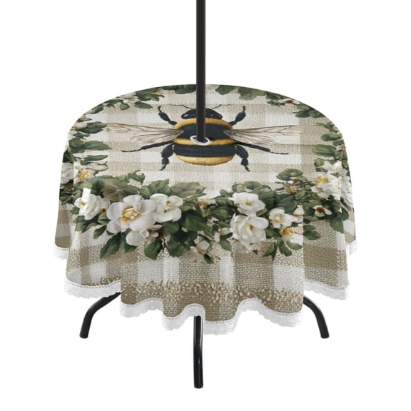 Round Tablecloth 60*60 Inches Round Tablecloth Outdoor Style Tablecloth With Umbrella Holes Tablecloth Outdoor Suitable For Kitchens and Dining Rooms Gingham Bumblebee Wreath