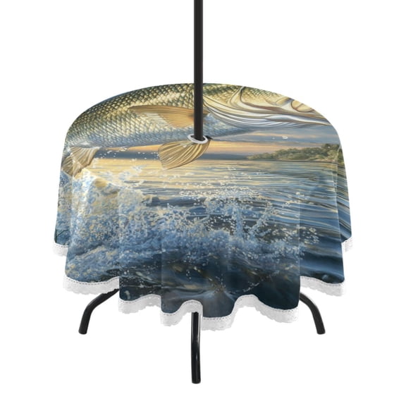 Round Tablecloth 60*60 Inches Round Tablecloth Outdoor Style Tablecloth With Umbrella Holes Tablecloth Outdoor Suitable For Kitchens and Dining Rooms Gold Fish Pattern