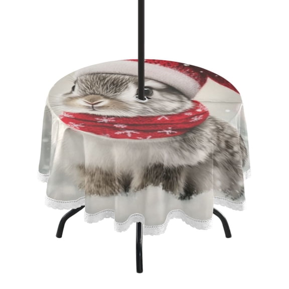 Round Tablecloth 60*60 Inches Round Tablecloth Outdoor Style Tablecloth With Umbrella Holes Tablecloth Outdoor Suitable For Kitchens and Dining Rooms Gray Christmas Bunny