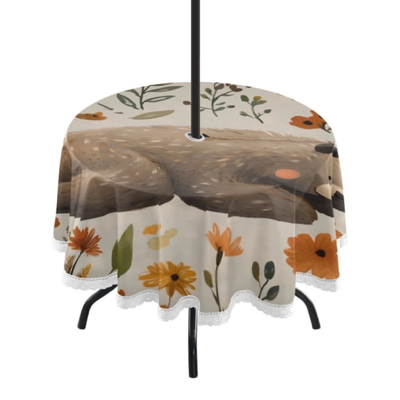 Round Tablecloth 60*60 Inches Round Tablecloth Outdoor Style Tablecloth With Umbrella Holes Tablecloth Outdoor Suitable For Kitchens and Dining Rooms Gray Sleeping Bear