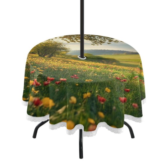 Round Tablecloth 60*60 Inches Round Tablecloth Outdoor Style Tablecloth With Umbrella Holes Tablecloth Outdoor Suitable For Kitchens and Dining Rooms Green Grass