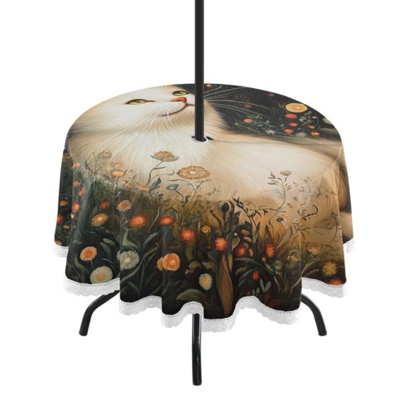 Round Tablecloth 60*60 Inches Round Tablecloth Outdoor Style Tablecloth With Umbrella Holes Tablecloth Outdoor Suitable For Kitchens and Dining Rooms Magic White Cat