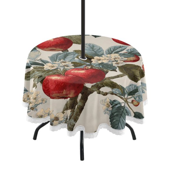 Round Tablecloth 60*60 Inches Round Tablecloth Outdoor Style Tablecloth With Umbrella Holes Tablecloth Outdoor Suitable For Kitchens and Dining Rooms Red Apple Pattern