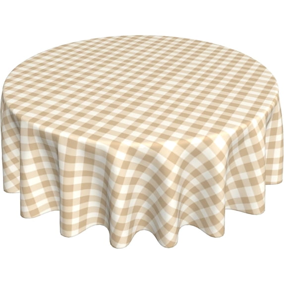 Round Tablecloth 60 Inch, Beige Gingham Circle Tablecloth Water Resistant Table Covers Dining Table Cover for Kitchen Dining Picnic Party Home Decoration