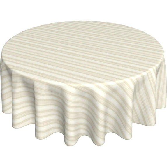 Round Tablecloth 60 Inch, Beige White Farmhouse Stripes Circle Dining Table Cover Waterproof Table Cloths Cloth Table Cover for Restaurant, Picnic, Indoor and Outdoor Dining