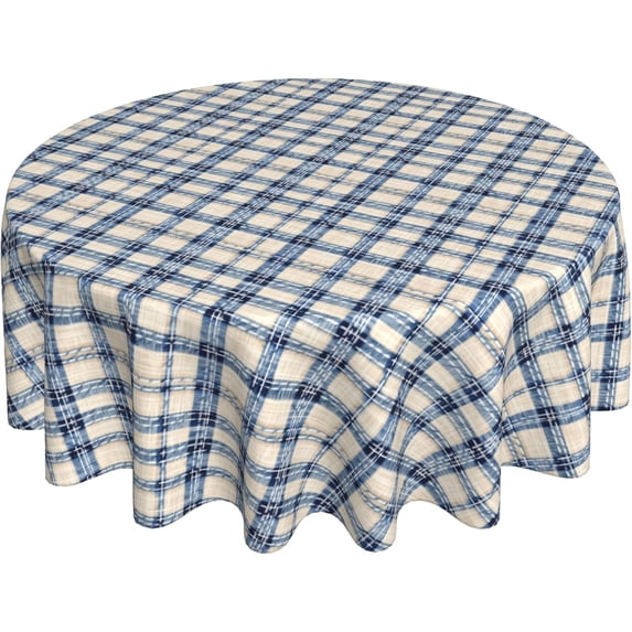 Round Tablecloth 60 Inch, Blue Checks Stripes Circle Dining Table Cover Waterproof Table Top Cover Round Outdoor Tablecloth for Dining Table, Buffet Parties and Camping