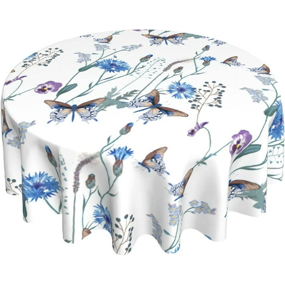 Round Tablecloth 60 Inch Blue Floral Butterfly Table Clothes Spring Summer Rustic Waterproof Reusable Circle Table Cover for Picnic Party Dining Room Home Indoor Outdoor Decor