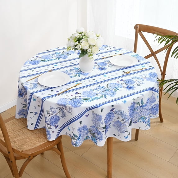 Round Tablecloth 60 Inch, Blue Stripe Floral Table Cloth Round Cover, Waterproof Round Table Cloth Wrinkle Free for Patio, Coffee Table, Party Decor
