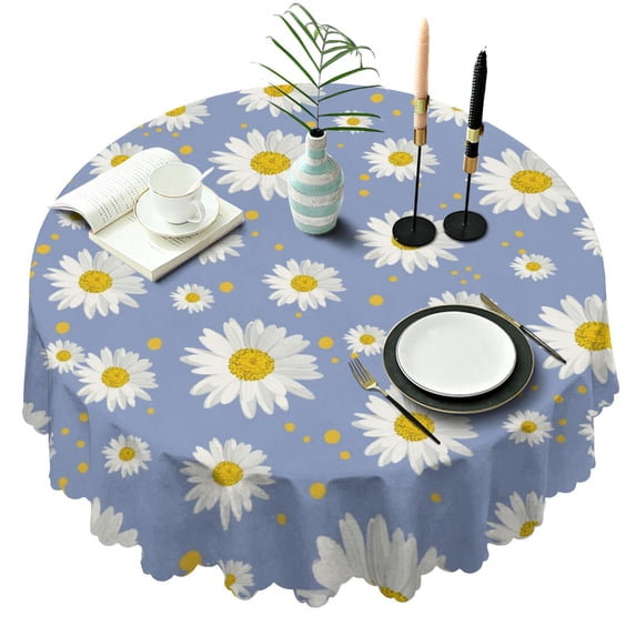 Round Tablecloth 60 Inch Daisy Floral Table Cover Wrinkle Free Kitchen Dining