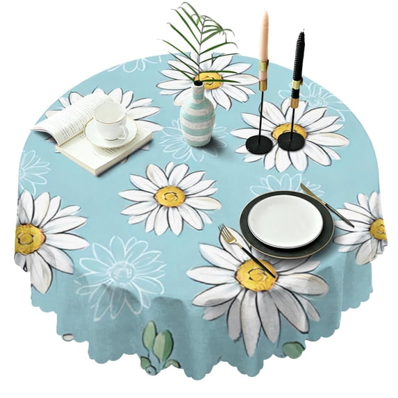 Round Tablecloth 60 Inch Daisy Pattern Table Cover Wrinkle Free Fabric for Kitchen Dining