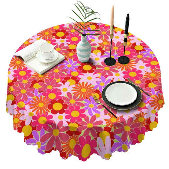 Round Tablecloth 60 Inch Daisy Pattern Wrinkle Free Washable Table Cover for Kitchen Dining Room Table