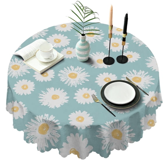Round Tablecloth 60 Inch Floral Print Daisy Table Cover Wrinkle Free Kitchen Dining