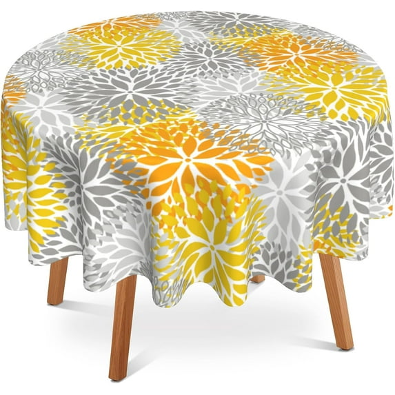 Round Tablecloth 60 Inch,Orange and Grey Flower Table Cloth Autumn Holiday Polyester Table Cover Decorative for Indoor Outdoor Kitchen Dining Party