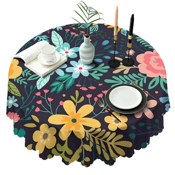Round Tablecloth 60 Inch Polyester Kitchen Cover flower Waterproof Stain Wrinkle Free for Dining
