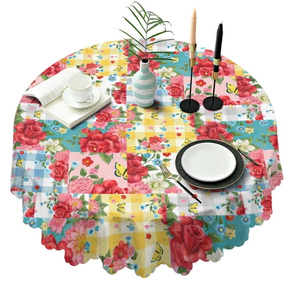 Round Tablecloth 60 Inch Polyester Occasions Cover flower Waterproof Stain Wrinkle Free for Dining