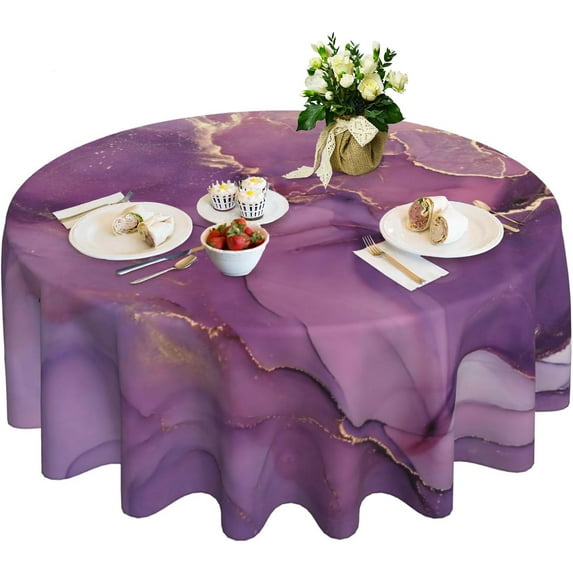 Round Tablecloth 60 Inch, Purple Marble Print Modern Stylish Table Cloth for Rustic Farmhouse Kitchen Decor, Wipeable Polyester Fabric Table Cover for Outdoor Holiday Party