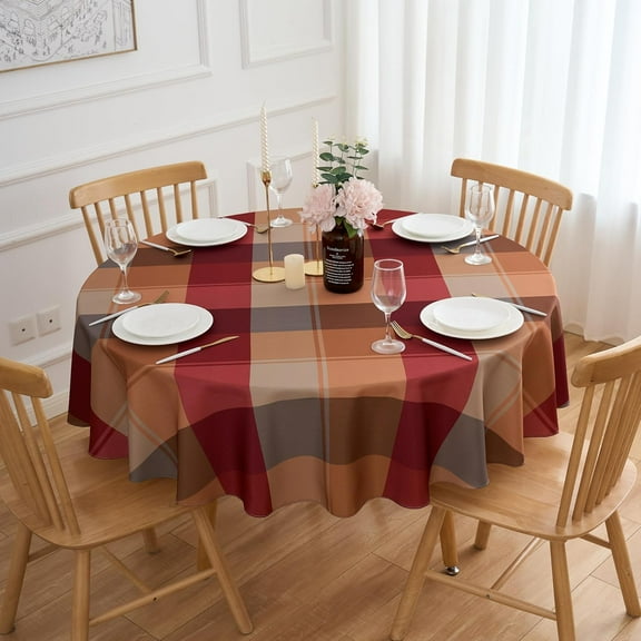 Round Tablecloth 60 Inch Red Brown Harvest Plaid Table Cloth - Winter Polyester Checkered Gingham Christmas Table Cover Reusable Water Resistant for Fall Thanksgiving Holiday Picnic Outdoor