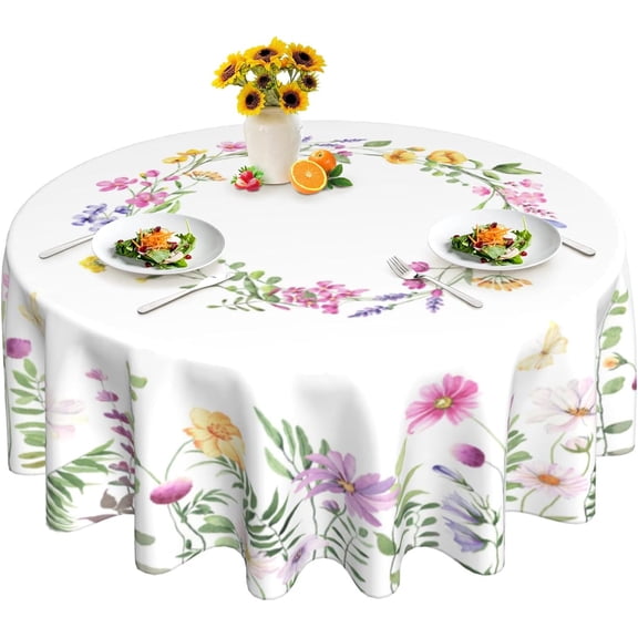 Round Tablecloth 60 Inch, Spring Flower Floral Table Cloth for Rustic Farmhouse Kitchen Decor, Wipeable Polyester Fabric Table Cover for Outdoor Holiday Party