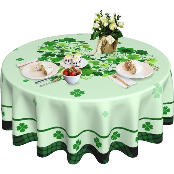 Round Tablecloth 60 Inch, St Patrick''s Day Green Shamrock Spring Table Cloth for Rustic Farmhouse Kitchen Decor, Wipeable Polyester Fabric Table Cover for Outdoor Holiday Party