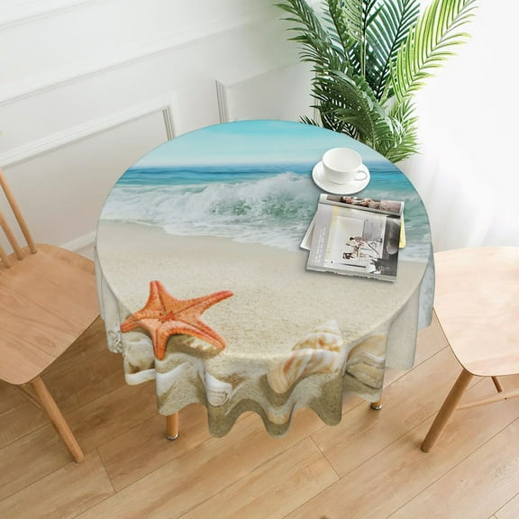 Round Tablecloth 60 Inch,Stain Resistance Polyester Table Cloth,Table Cover for Kitchen Dining Table, Buffet Parties and ​Camping-Beach Starfish Shell