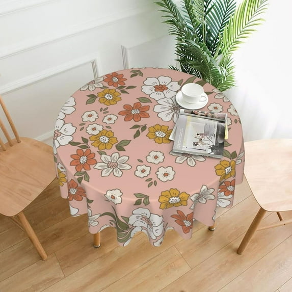 Round Tablecloth 60 Inch,Stain Resistance Washable Table Cloth,70s Retro Groovy Boho Flower Table Cover for Kitchen Dining Table, Buffet Parties and \u200bCamping