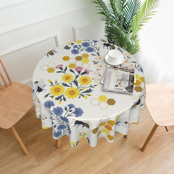 Round Tablecloth 60 Inch,Stain Resistance Washable Table Cloth,Bee Flower Honeycomb Table Cover for Kitchen Dining Table, Buffet Parties and \u200bCamping