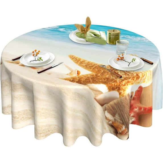 Round Tablecloth 60 Inch Summer Beach Tablecloth Washable Reusable Ocean Tablecloth Home Parties Holiday Dinner Dining Room Kitchen Decor