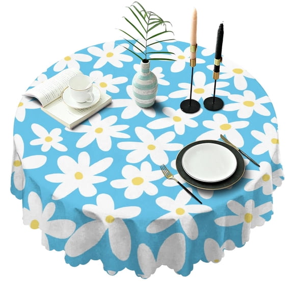 Round Tablecloth 60 Inch Table Cover Daisy Floral Wrinkle Free Dining Kitchen