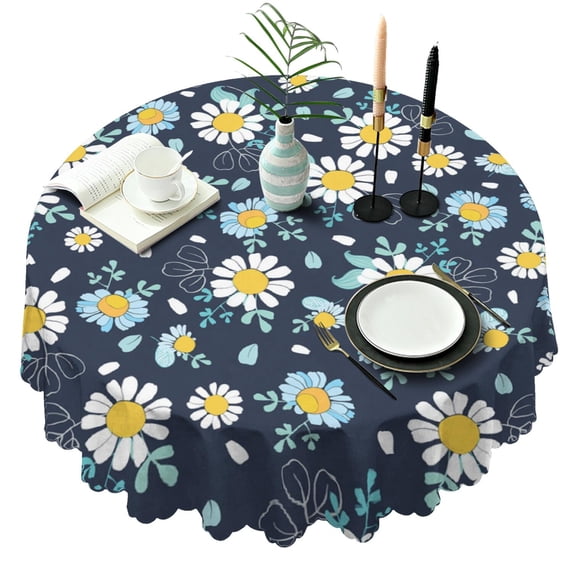 Round Tablecloth 60 Inch Table Cover Daisy Print Wrinkle Free Kitchen Dining