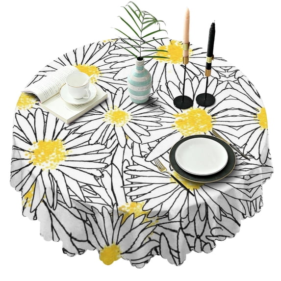 Round Tablecloth 60 Inch Table Cover with Daisy Print Wrinkle Free for Kitchen Dining