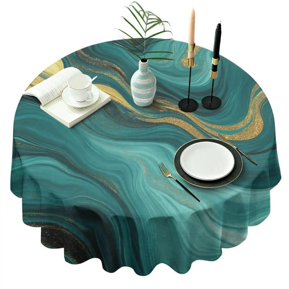Teal and Gold Marble Glitter Waves Pattern Round Tablecloth 60"x60",Wrinkle Wipeable Table Cloth for Kitchen Dining Room Picnic Patio Party