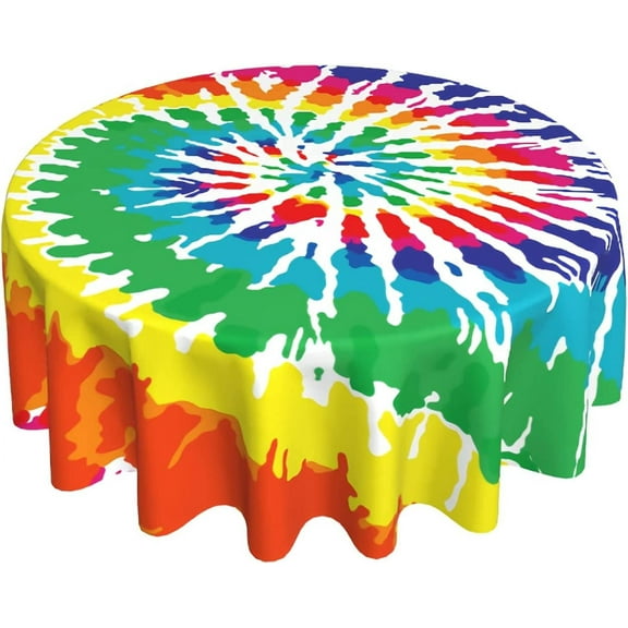 Round Tablecloth 60 Inch Tie Dye Colorful Spring Summer Table Clothes Multi Color Rustic Waterproof Reusable Circle Table Cover for Picnic Party Dining Room Home Indoor Outdoor Decor