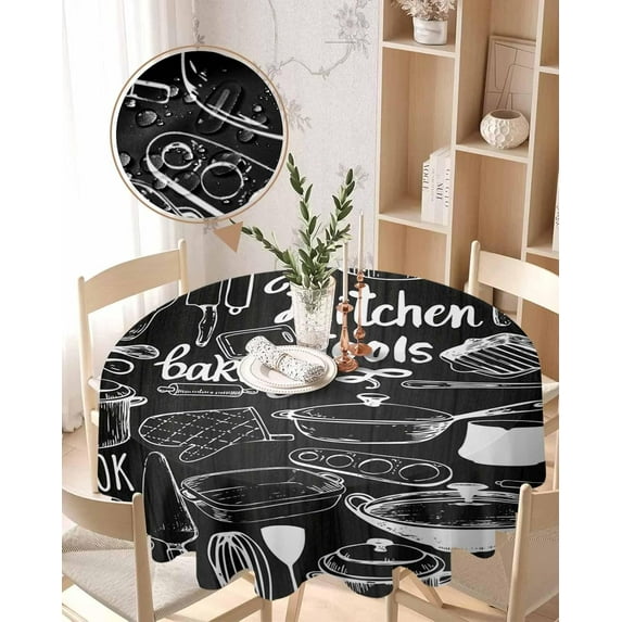 Round Tablecloth 60 Inch Tools Table Cloth Oil Spill Proof Waterproof Tablecloth Protector Utensils Pots Pans Spoon Fork Round Table Cover for Dinner Party Picnic Decor Indoor Outdoor