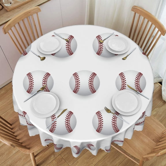 Round Tablecloth 60 Inch Water Resistant Spill Proof Washable Baseball Red Lace Over White Table Cloth Decorative Table Cover