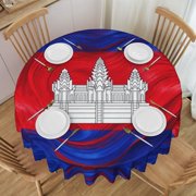 Round Tablecloth 60 Inch Water Resistant Spill Proof Washable Cambodian Kampuchea Flag Art Table Cloth Decorative Table Cover