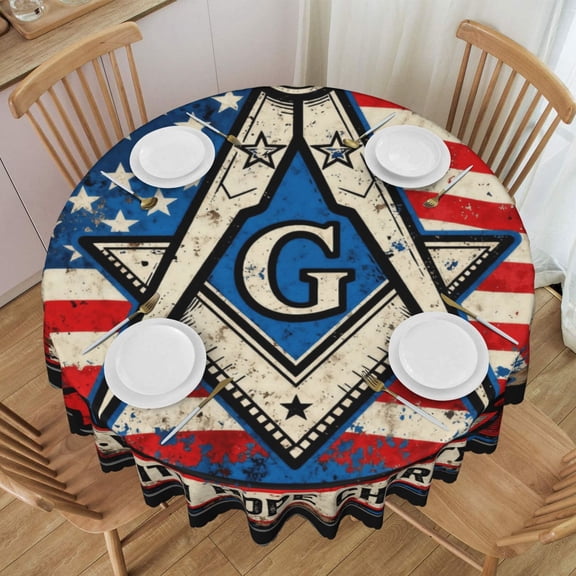 Round Tablecloth 60 Inch Water Resistant Spill Proof Washable Freemason Flag Faith Hope Charity Table Cloth Decorative Table Cover