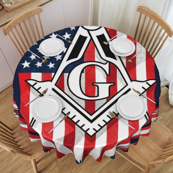 Round Tablecloth 60 Inch Water Resistant Spill Proof Washable Freemason Masonic Flag Table Cloth Decorative Table Cover