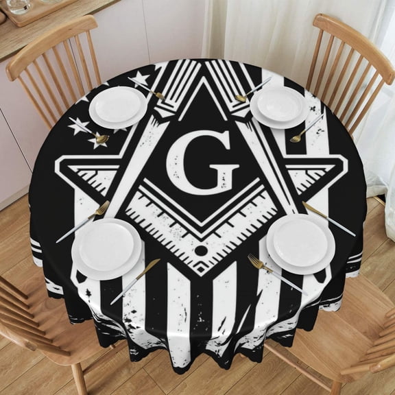 Round Tablecloth 60 Inch Water Resistant Spill Proof Washable Freemason Masonic Masons Flag Table Cloth Decorative Table Cover