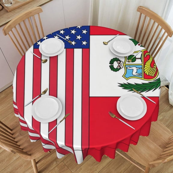 Round Tablecloth 60 Inch Water Resistant Spill Proof Washable Peru America Flag Table Cloth Decorative Table Cover