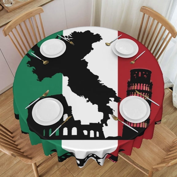 Round Tablecloth 60 Inch Water Resistant Spill Proof Washable Pisa Tower Italian Flag Table Cloth Decorative Table Cover
