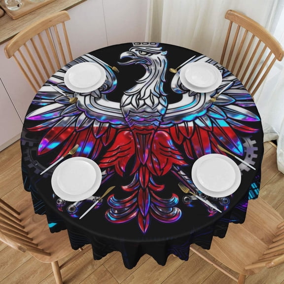 Round Tablecloth 60 Inch Water Resistant Spill Proof Washable Polish-Flag Table Cloth Decorative Table Cover