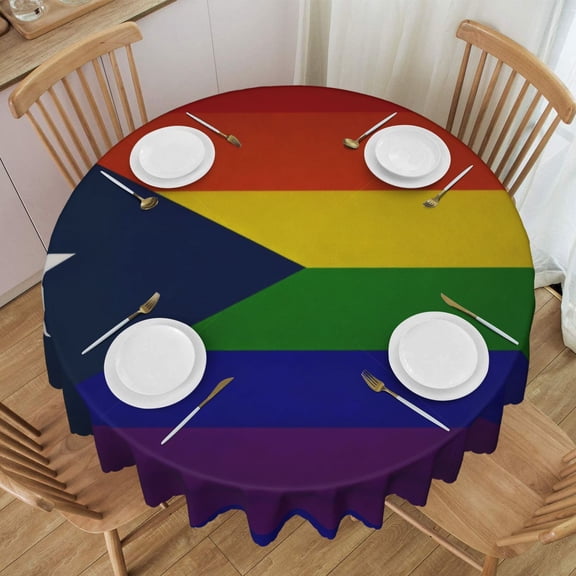 Round Tablecloth 60 Inch Water Resistant Spill Proof Washable Puerto-Rico-Flag Rainbow Gay Pride Table Cloth Decorative Table Cover