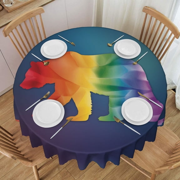 Round Tablecloth 60 Inch Water Resistant Spill Proof Washable Rainbow Pride Flag With Gay Bear Table Cloth Decorative Table Cover
