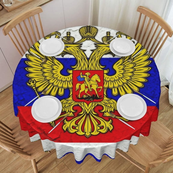 Round Tablecloth 60 Inch Water Resistant Spill Proof Washable Retro Russian Flag Table Cloth Decorative Table Cover
