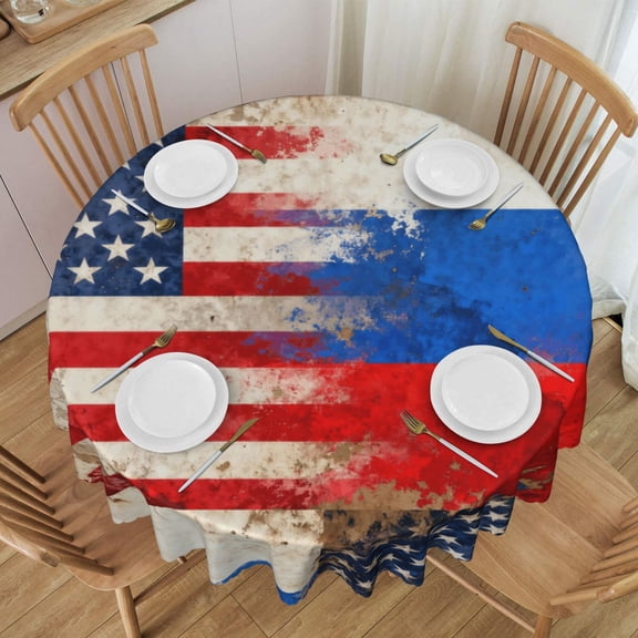 Round Tablecloth 60 Inch Water Resistant Spill Proof Washable Russian America Flag Table Cloth Decorative Table Cover